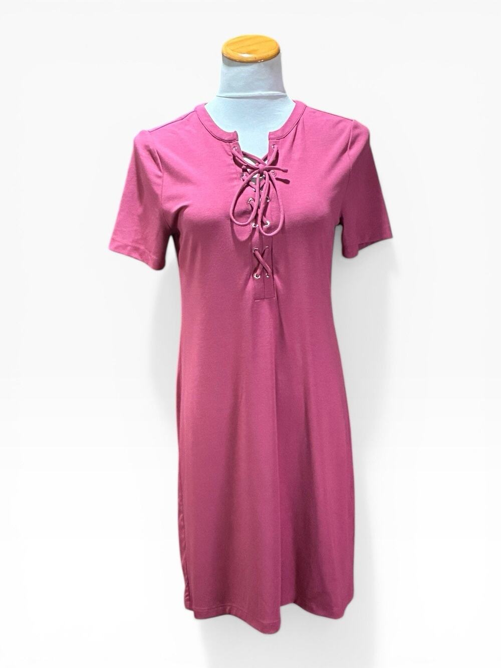 White House Black Market Mauve V Neck Lace Up Stretch Short Sleeve Shift Dress S